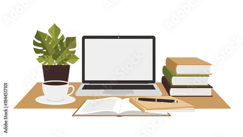 Cozy workspace setup with laptop, coffee, books, and plant