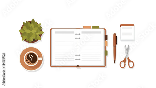 Organized workspace with open notebook, coffee, and office accessories on white background