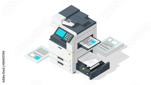 Isometric office printer with floating papers