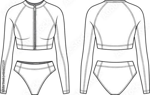 Front and back flat sketch of a long sleeve zip-up rash guard and bikini bottoms swimwear