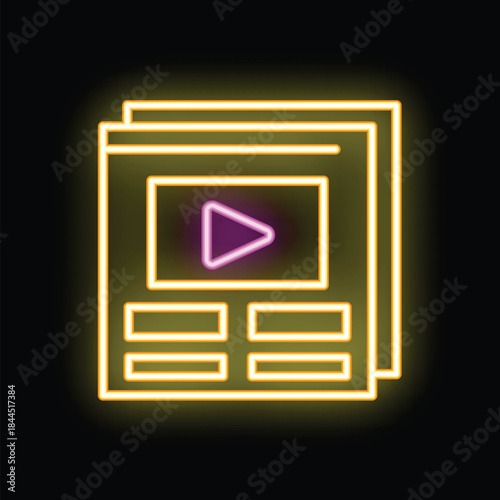 Yellow neon sign depicting online video streaming service, with play button and menu options