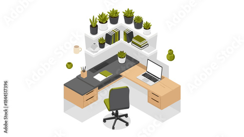 Modern office workspace with plants in isometric style