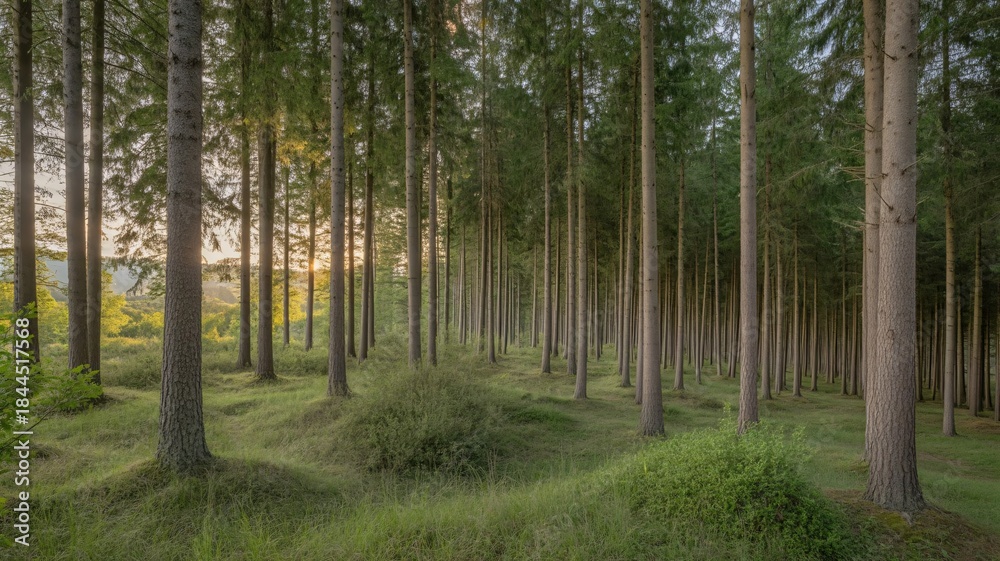 Obraz premium Peaceful walk through the vibrant green forest at sunset with tall trees, perfect for nature lovers seeking serenity and a calming escape into the woods