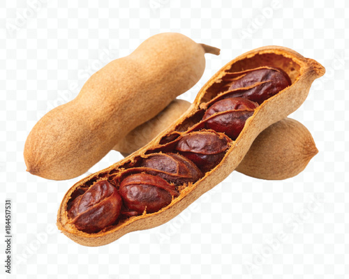 two ripe tamarind pods with one opened revealing seeds and pulp green leaves in different style isolated on transparent background