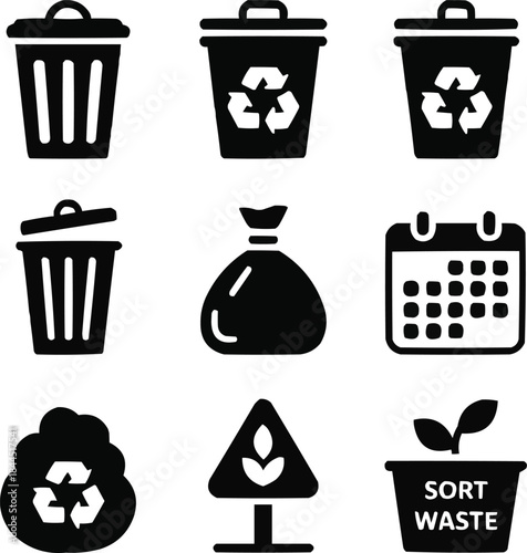 Waste Management Solid Icon Set  Trash Bin, Compost Bin, and Recycling Symbols