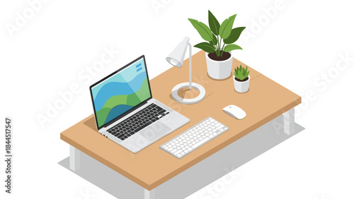 Modern isometric workspace with laptop and house plants on wooden desk