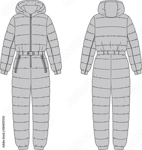 Front and back view of a gray hooded snowsuit with belt and zippers winter clothing jumpsuit