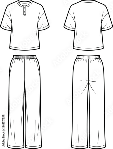 Front and back flat sketch of a short sleeve henley crop top and wide leg pajama pants pajama set loungewear