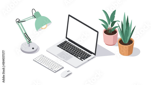 Isometric workspace setup with laptop, desk lamp, keyboard, and potted plants