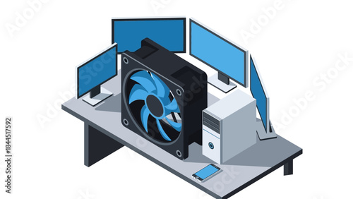 Isometric computer setup with large cooling fan and multiple monitors