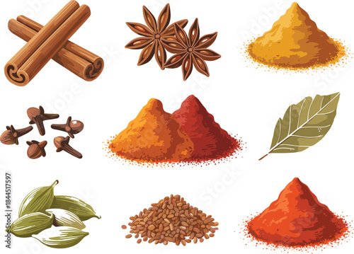 Detailed Vintage Engraved Set of Hand-Drawn Spices and Herbs with Mortar, Pestle, Ginger, Chili Peppers, and Cloves Perfect for Culinary and Natural Medicine Design.