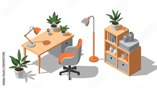 Modern office workspace isometric design with desk, chair, plants, and lamp