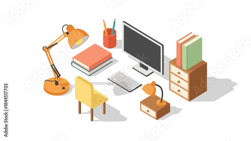 Cozy home office setup with isometric furniture and accessories
