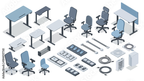 Isometric office furniture and equipment set with desks, chairs, and accessories