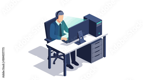 Professional isometric office workspace with computer and headset