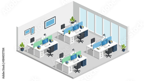 Modern isometric office space design with desks and computers