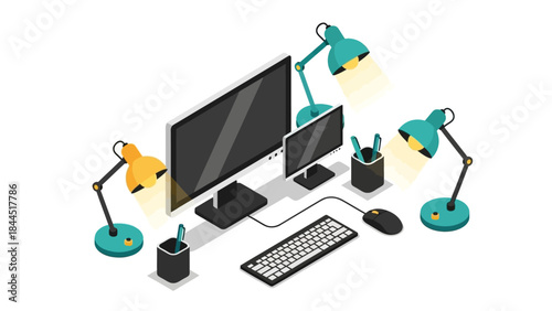 Modern office desk setup with dual monitors and bright desk lamps in isometric design