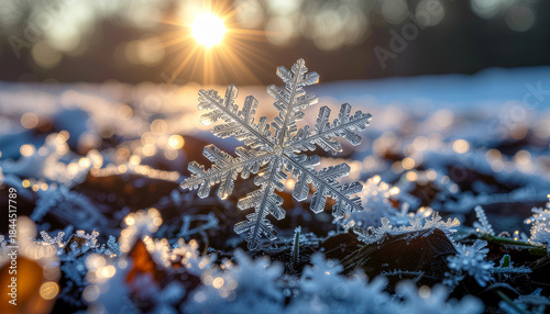 Snowflake on Frosty Ground at Sunrise