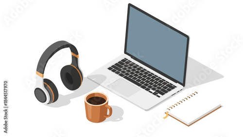 Isometric work desk with laptop, headphones, coffee, and notebook for modern office setup