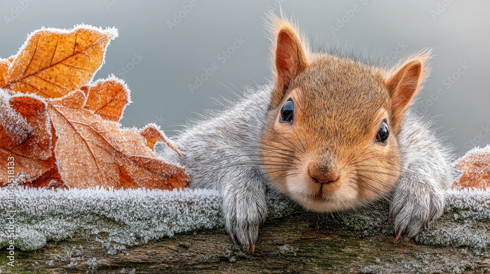 Fototapeta premium Squirrel resting on frosty snowy fence with autumn leaves - nature wildlife close-up for seasonal print, card, poster