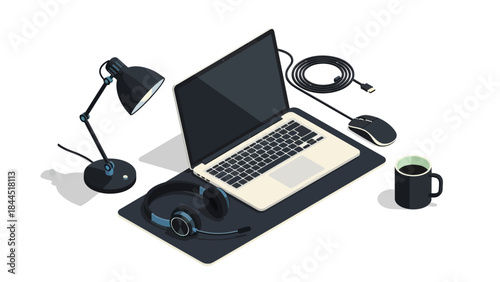 Modern workspace setup with laptop, headphones, lamp, and coffee in isometric style
