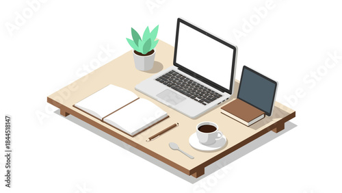 Modern isometric workspace with laptop and coffee on wooden desk