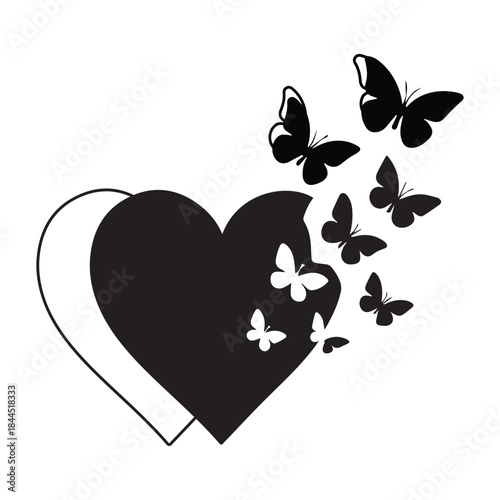 Black and white silhouette of hearts with butterflies representing love and freedom