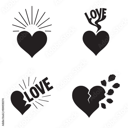 Diverse black heart illustrations depicting various aspects of love and heartbreak