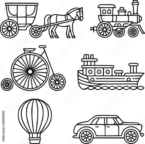 Vintage Transport Line Icons Set Horse Carriage, Steam Train, and Classic Bicycle