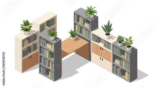 Modern office bookshelves with indoor plants and wooden cabinet in isometric style