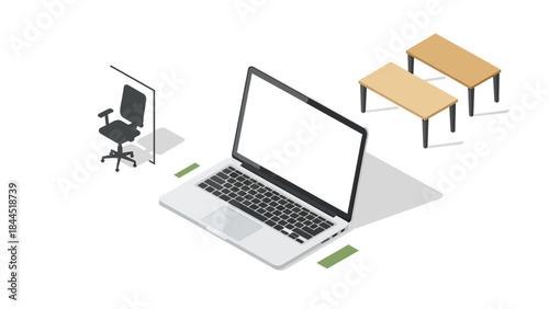Modern office workspace with laptop and furniture in minimalist isometric design