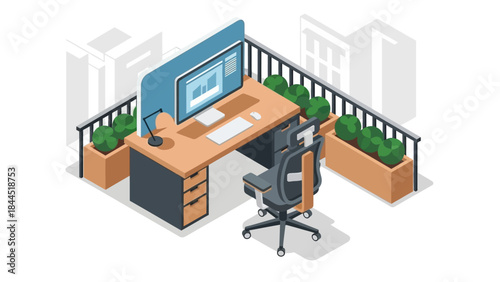 Modern outdoor workspace with computer and office chair in isometric style