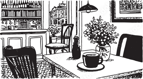 Coffee on a table with a flower pot and chair. Simple vintage restaurant interior set, showcasing a cozy cafe view in vector illustration.