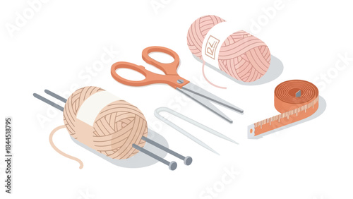 Craft supplies for knitting and crochet: yarn, needles, and tools in isometric style