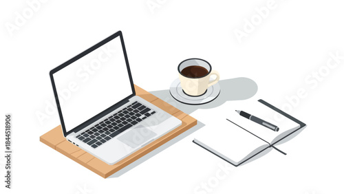 Isometric workstation scene with laptop, coffee and open notebook on white background