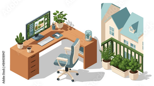 Modern home office with greenery and cozy balcony in isometric design