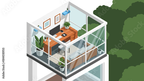 Modern isometric home office with nature view in minimalist style