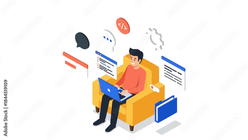 Obraz premium Isometric remote work: person with laptop and digital elements in modern setting