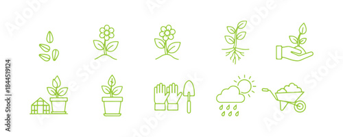 Set of line icons for plant growth. Illustration of spring growth stages, seeds, seedlings, drought, soil testing, and agriculture.  Outline symbols for gardening. Editable stroke.
