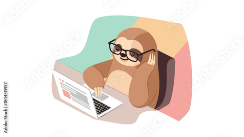 Cute sloth working on laptop with glasses in minimalist design