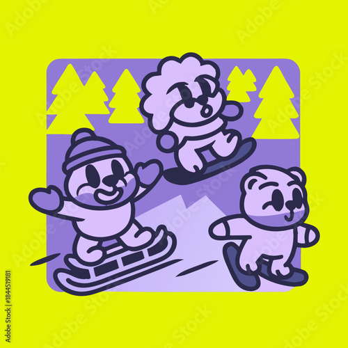 Three cartoon animals snowboarding and sledding polar