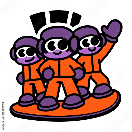 Three cartoon snowboarders on orange snowboard snowboarding