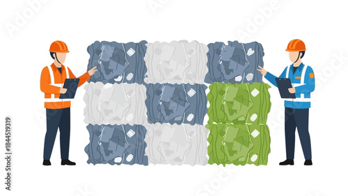 Workers analyzing stacked recycled cardboard bales in flat design