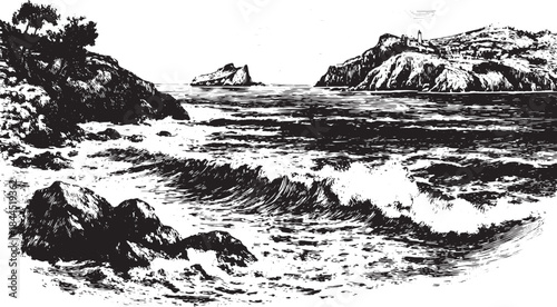 Sea landscape vector illustration featuring waves and rocky shore in black and white. A scenic artwork highlighting natural elements.