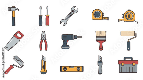 Collection of Flat Design Icons Representing Various Tools for Home Improvement and DIY Projects