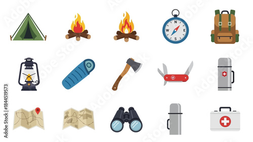 Collection of Flat Icons Representing Camping and Outdoor Adventure Gear and Equipment