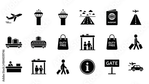 Collection of black and white icons representing various airport and travel related elements