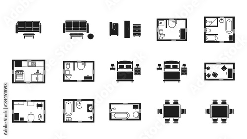 Collection of black and white interior design floor plan icons and furniture layouts