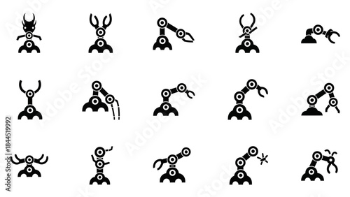 Collection of black and white robotic arm icons arranged in a grid pattern on a white background
