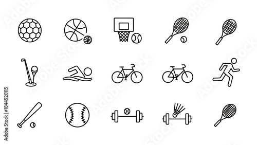 Collection of black line art icons representing various sports and activities on a white background